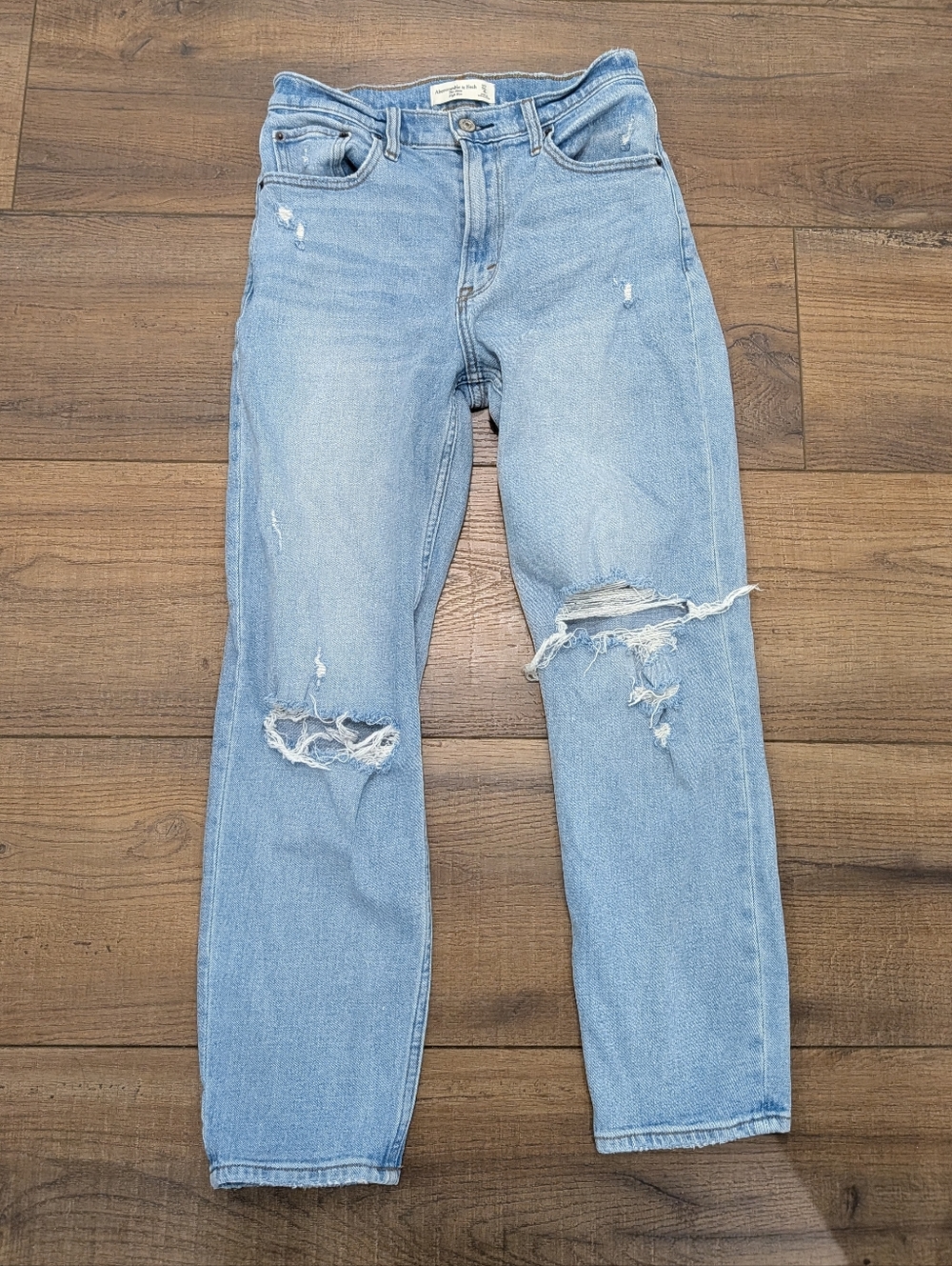 Abercrombie & Fitch Light Blue Distressed High Rise Mom Jeans